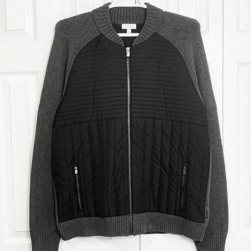 Calvin Klein Gray & Black Mixed Media Quilted Front Zip Sweater Jacket XL